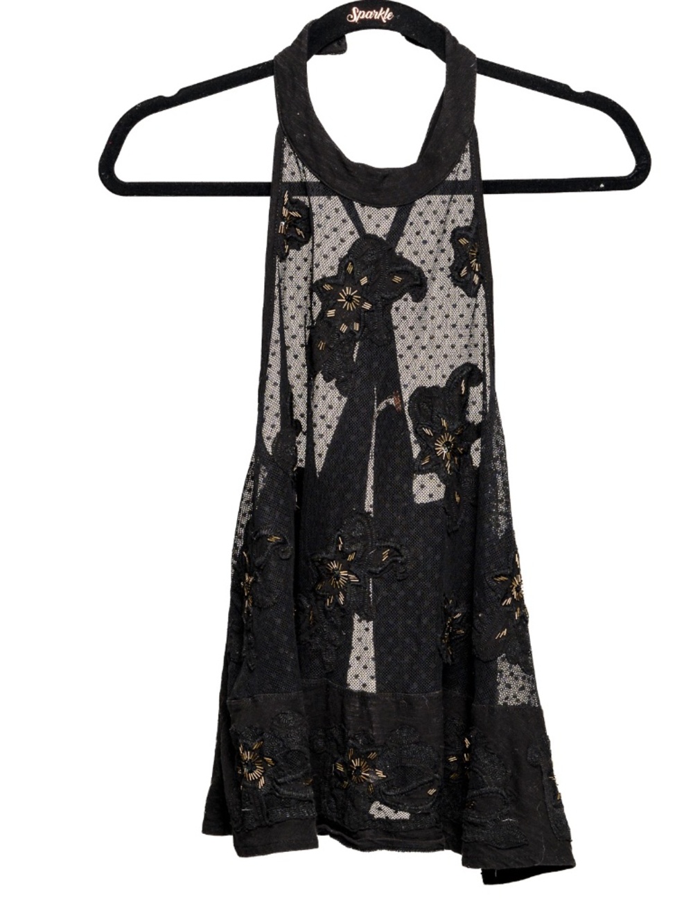 Free People halter top with lace and metallic embroidery.